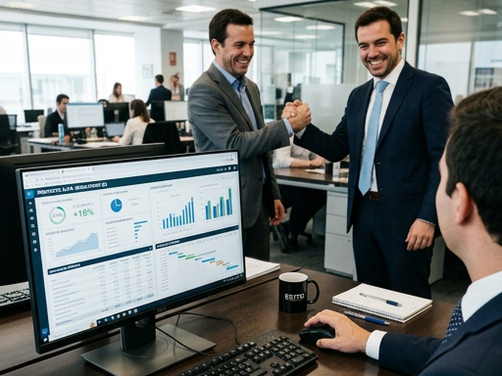 Dos consultores se saludan en una oficina mientras un tercero revisa un tablero de datos